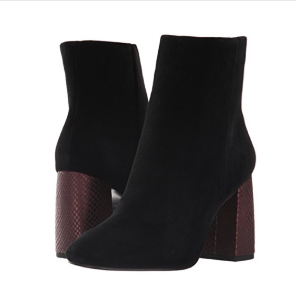 BCBG | Allison Velvet Black Aubergine Snake Embossed Heel Ankle Boots